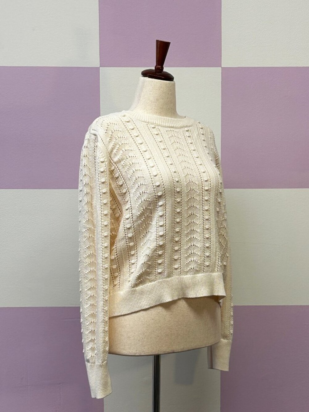 LOFT cropped pointelle bobble-stitched cotton knit sweater in ivory / white NWT